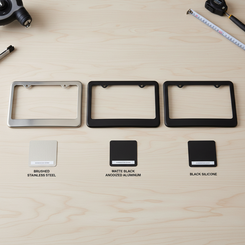 Comparison of stainless steel, aluminum, and silicone license plate frames on a workbench