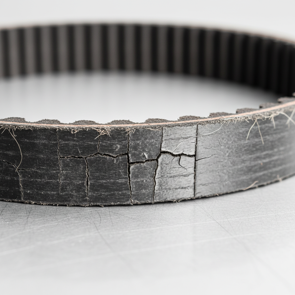 Close-up of worn timing belt with cracks and frayed edges