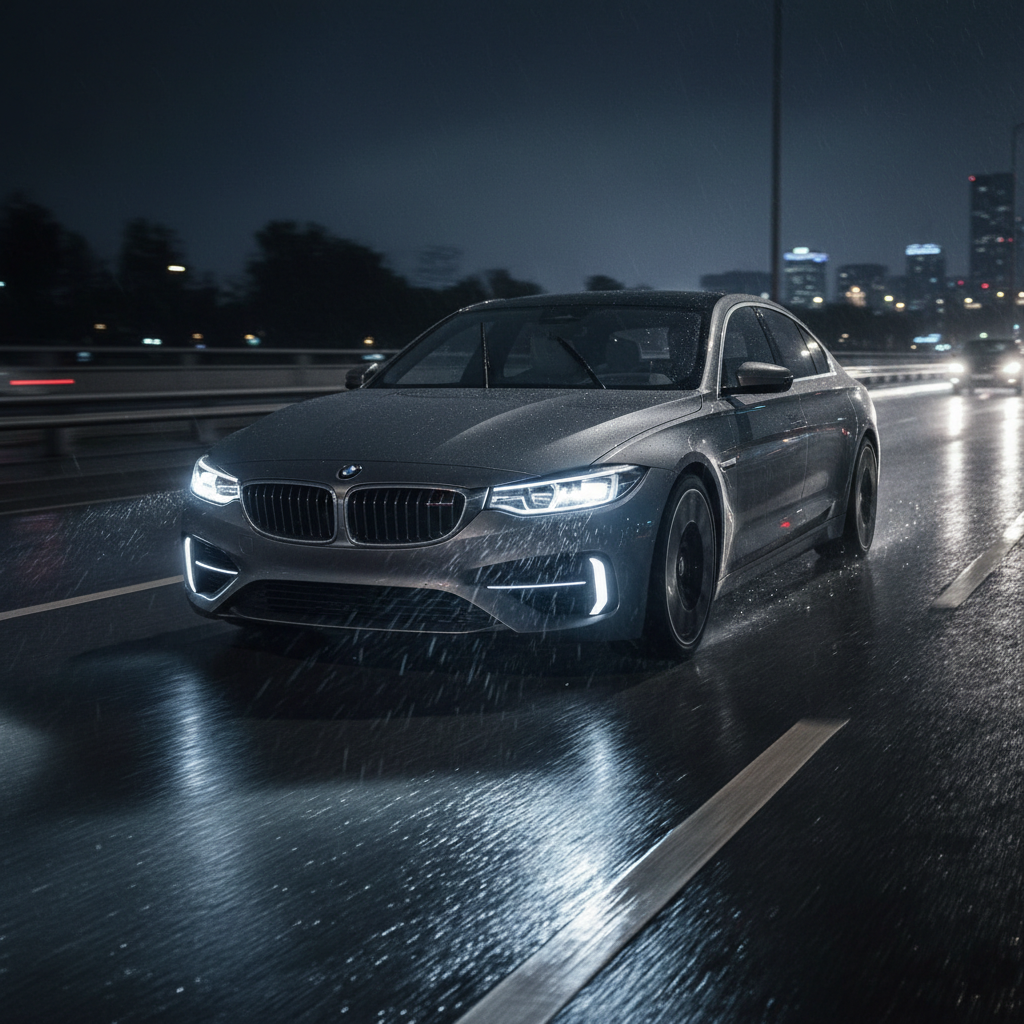 Bright white LED fog lights on a car in rainy night conditions