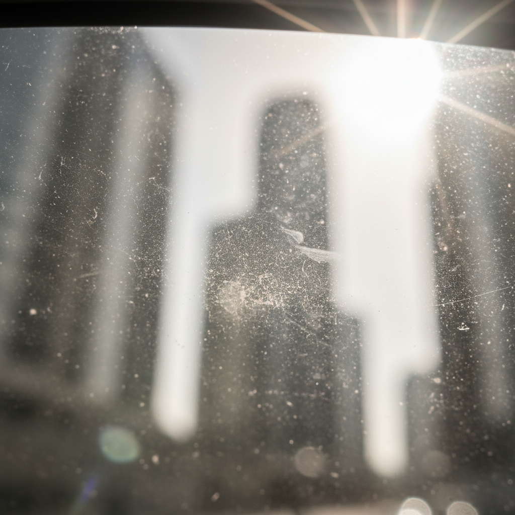 Close-up of rear view mirror surface showing dust and haze that increases glare