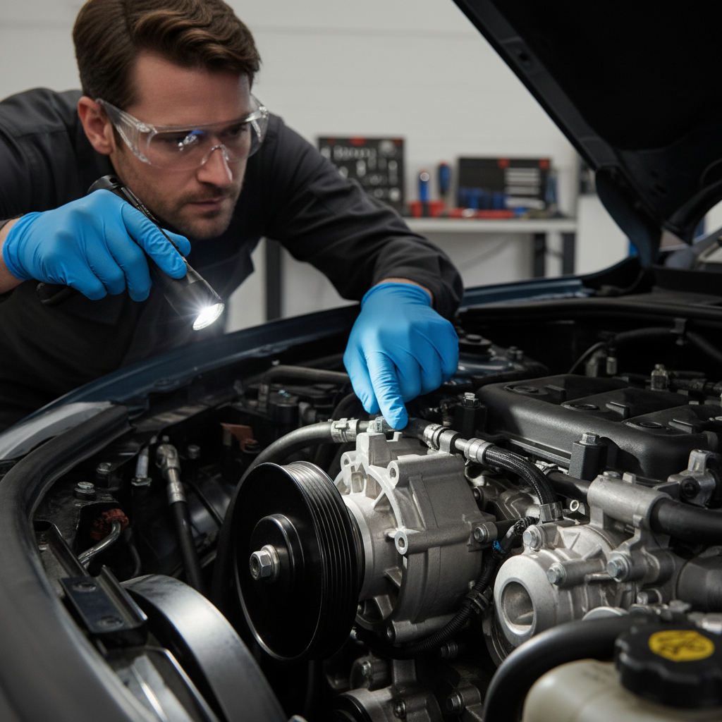 Technician inspecting power steering pump and hoses in an engine bay with a flashlight