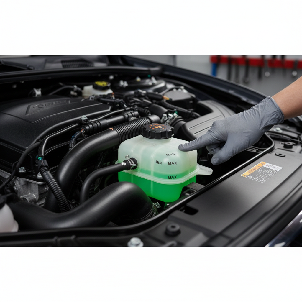 Mechanic-style view of engine bay checking coolant reservoir level and hoses