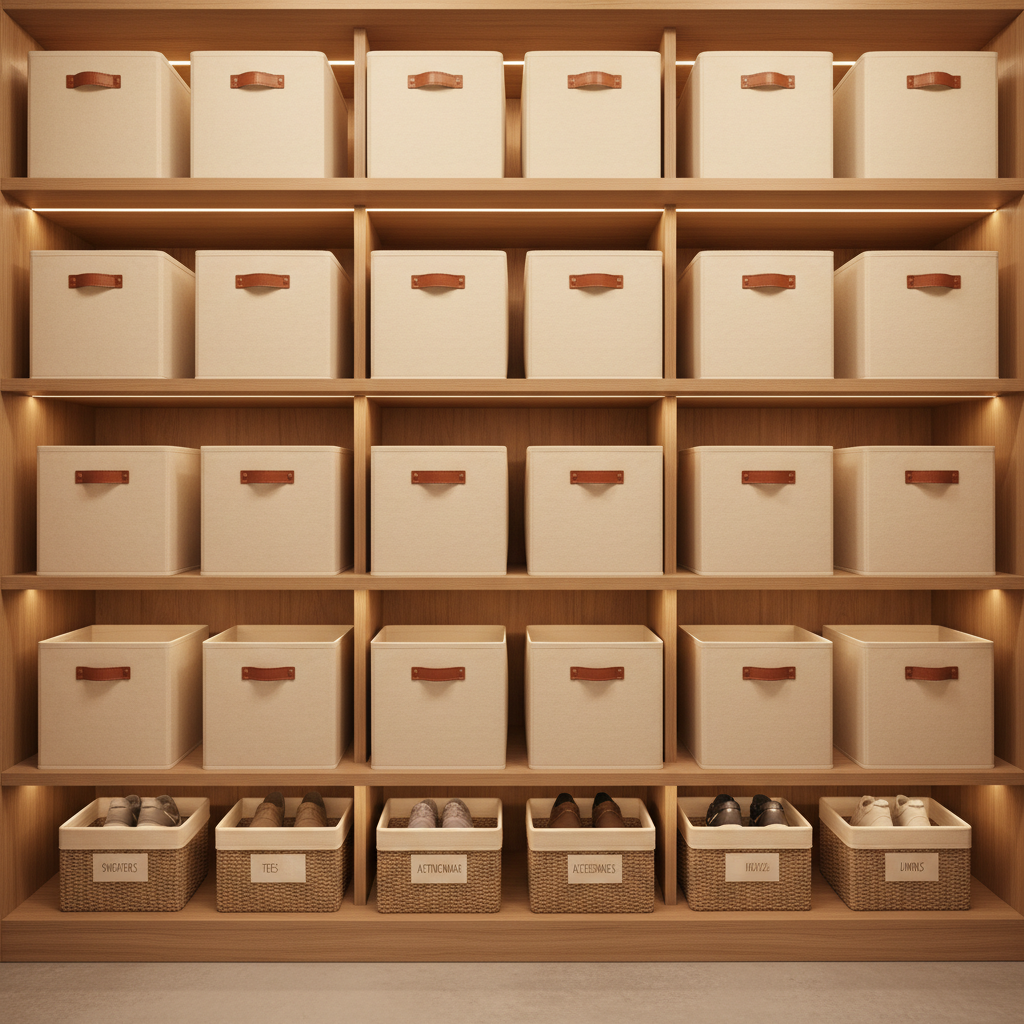 Organized closet shelves with labeled foldable storage cubes