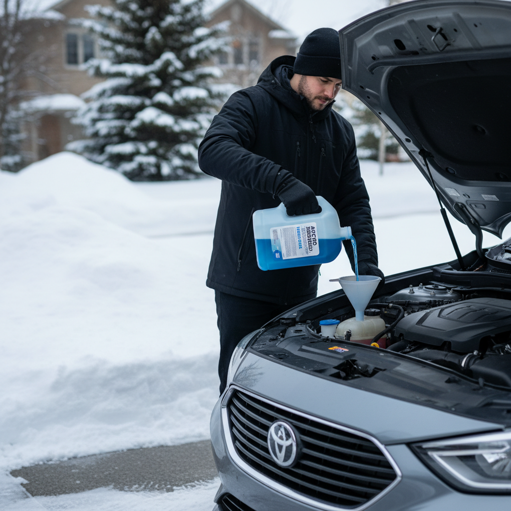 Winter windshield washer fluid being poured into car reservoir in snowy driveway