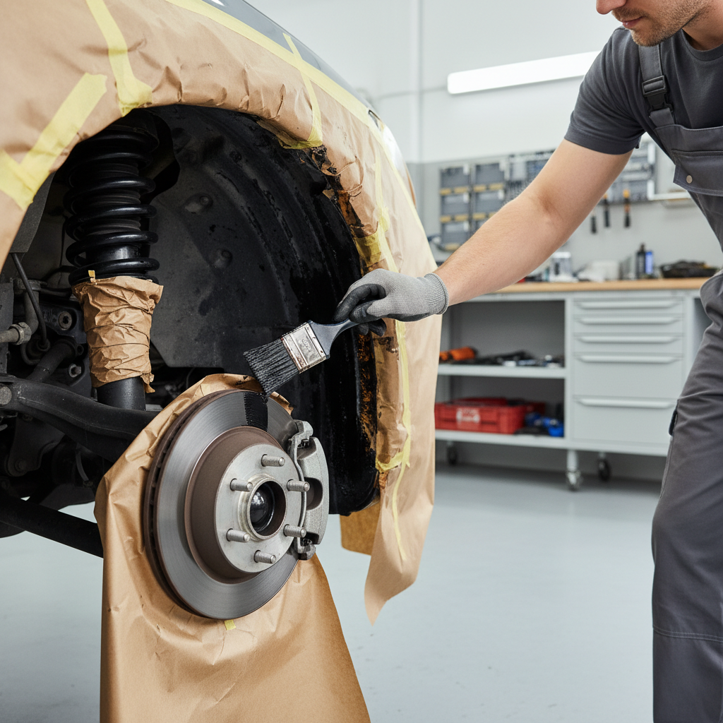 Applying rust converter and protective coating inside a car wheel well