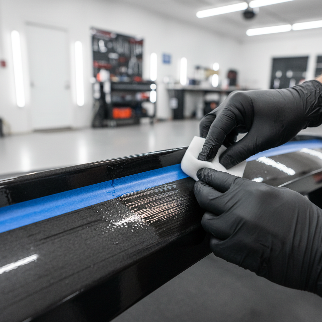 Applying trim restorer to textured black plastic with a foam applicator pad