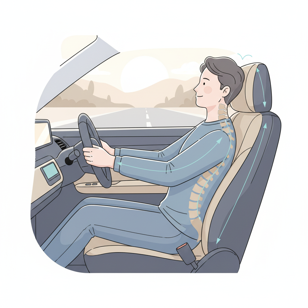 Driver posture alignment showing headrest and neutral neck position in car