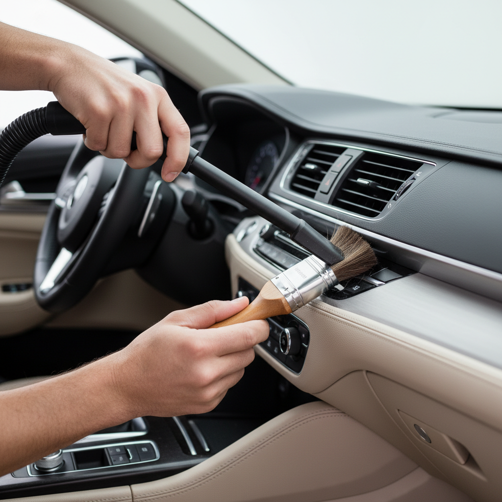 Vacuuming loosened dust from car air vent while brushing