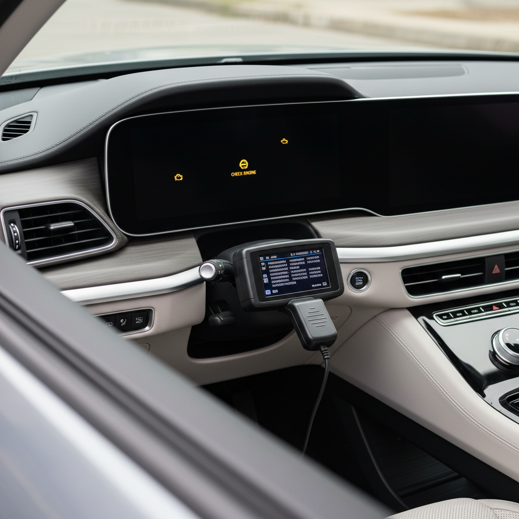 Dashboard check engine light and OBD2 scanner reading trouble codes