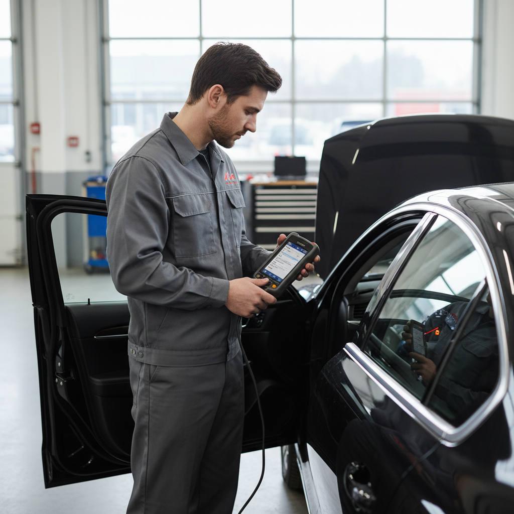 Mechanic scanning check engine light and camshaft sensor codes