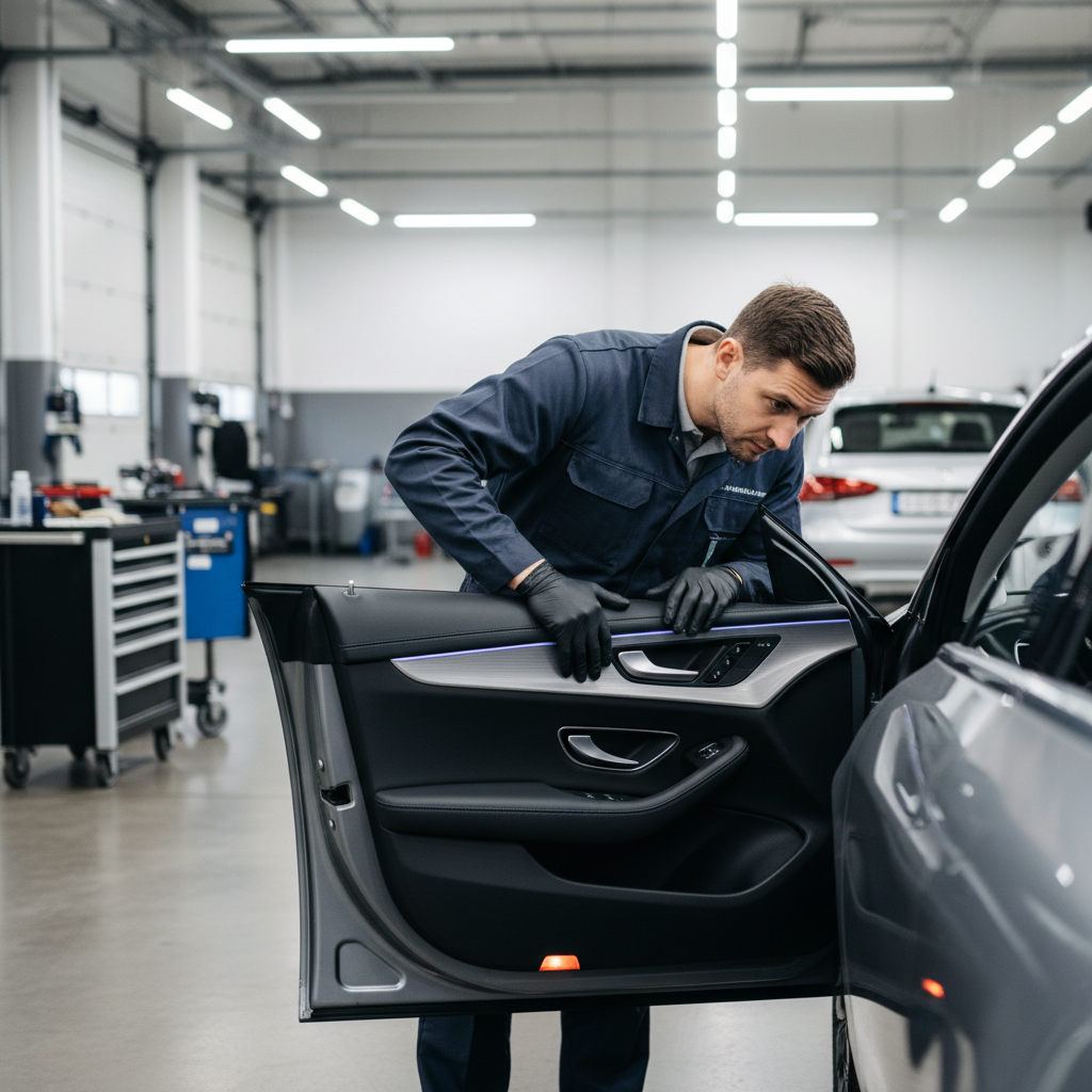 Mechanic tracing a door panel rattle inside a car interior