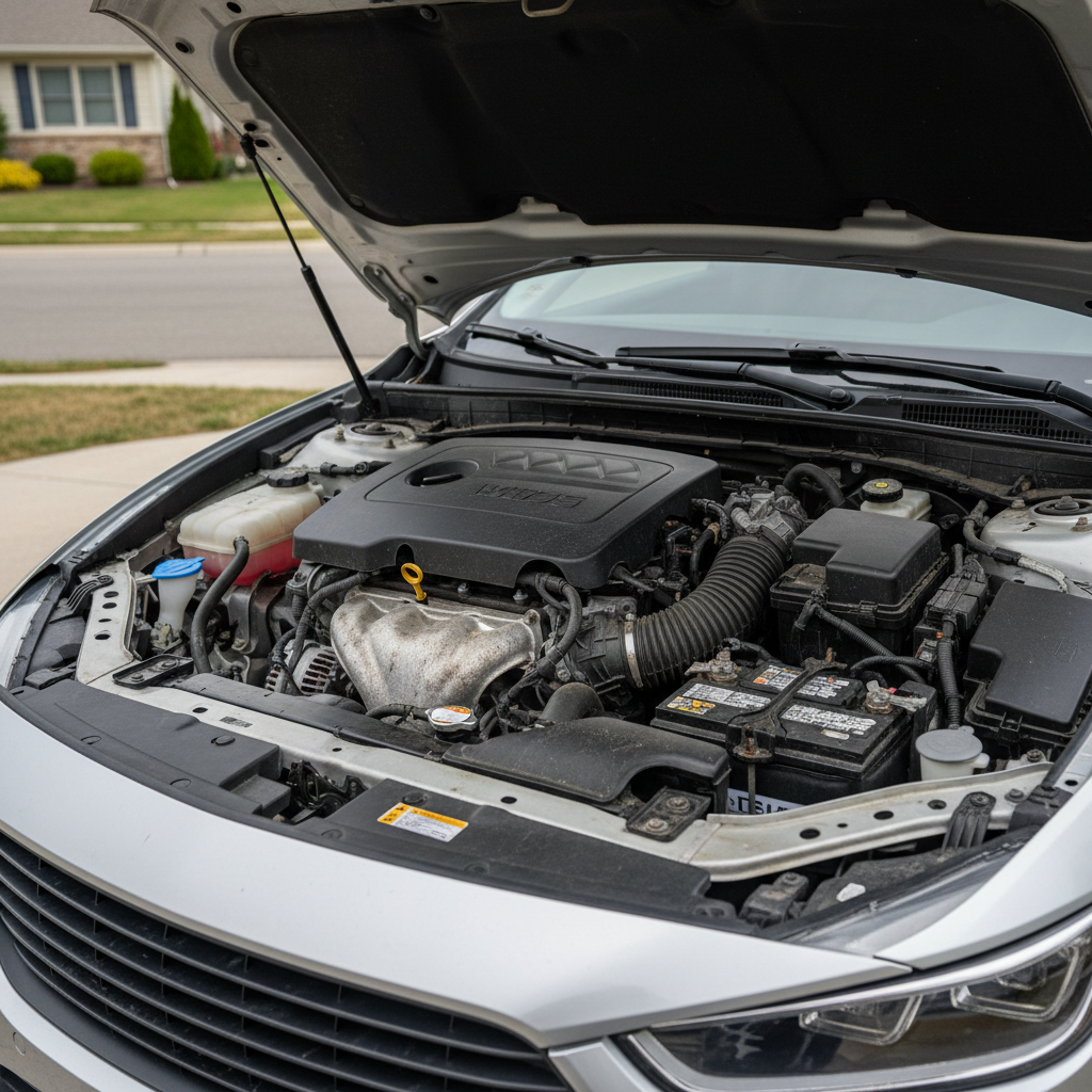 Car engine bay before cleaning with grease buildup on covers and hoses