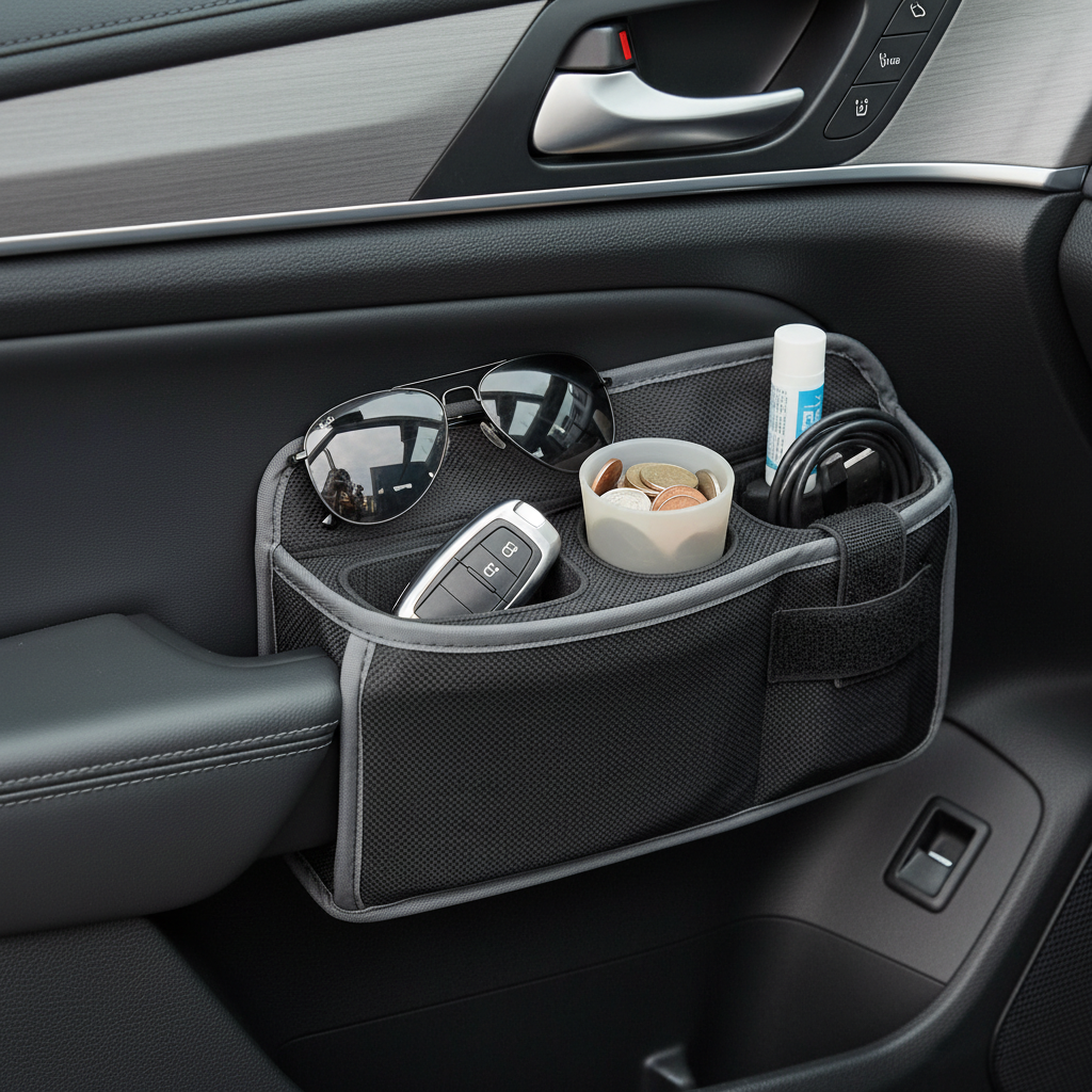Neat car door pocket organizer holding small items in separate compartments