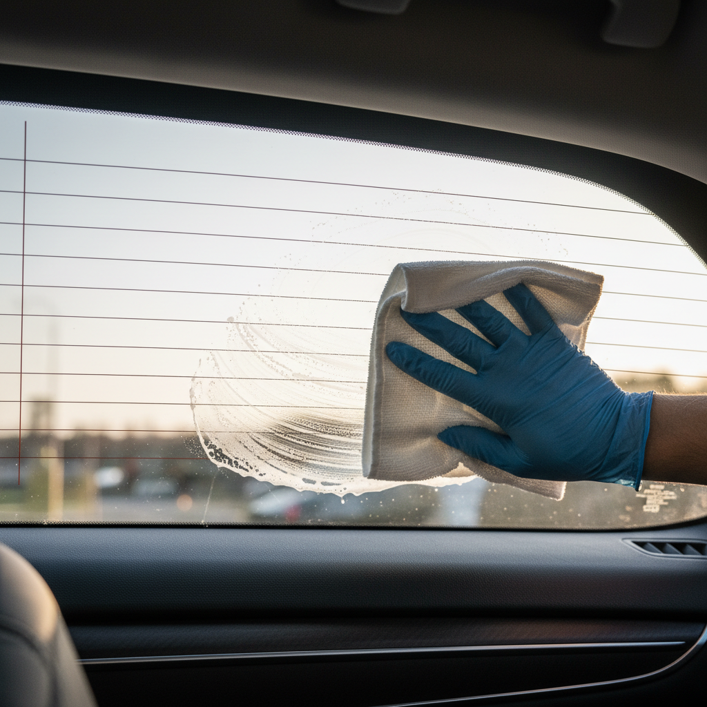 Rear window tint removal with defroster lines, gentle wiping technique