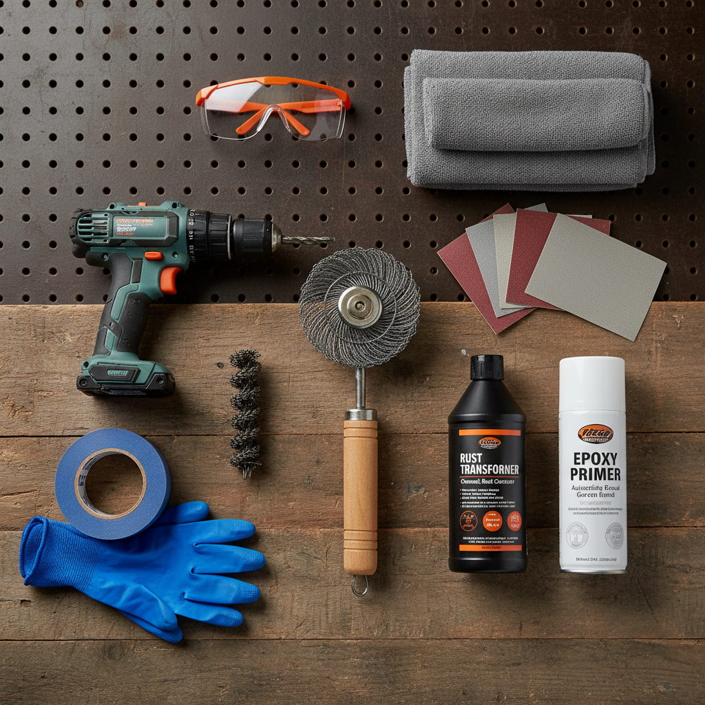 DIY rust removal tools for wheel wells: wire brush, sandpaper, rust converter, masking tape