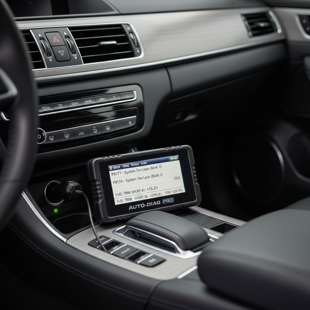 OBD-II scanner showing rich fuel trim data and trouble codes