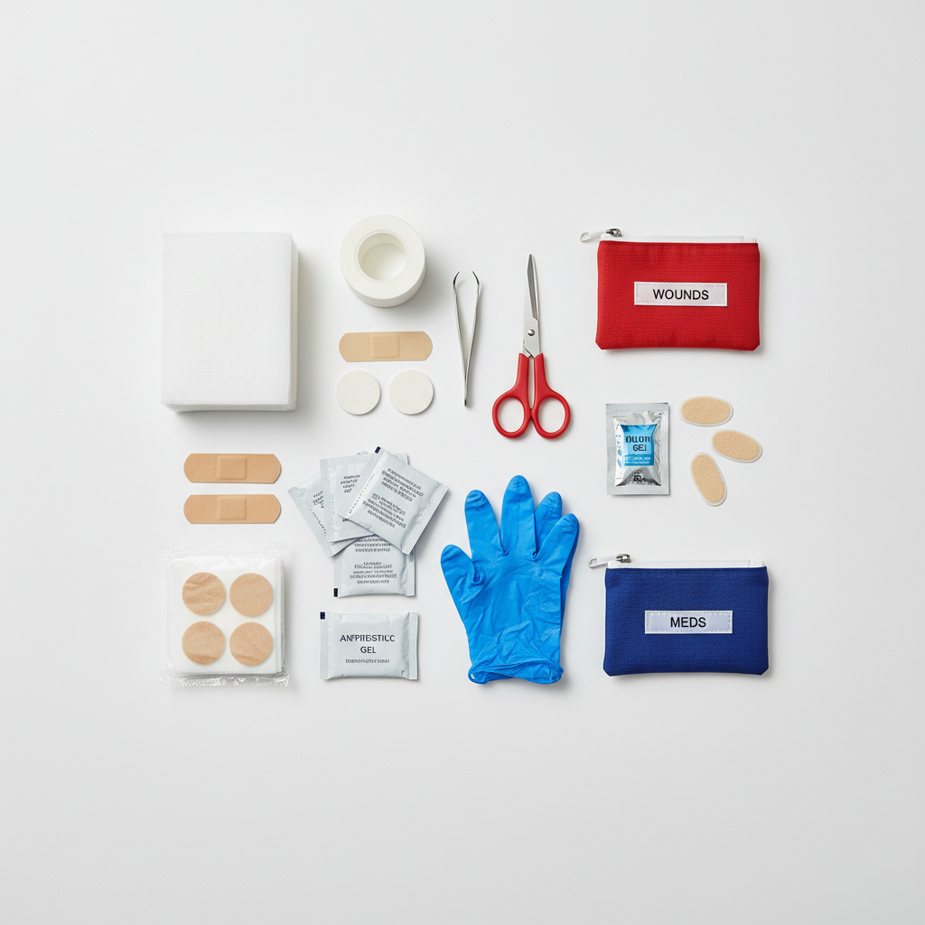 First aid supplies laid out for compact car travel kit checklist