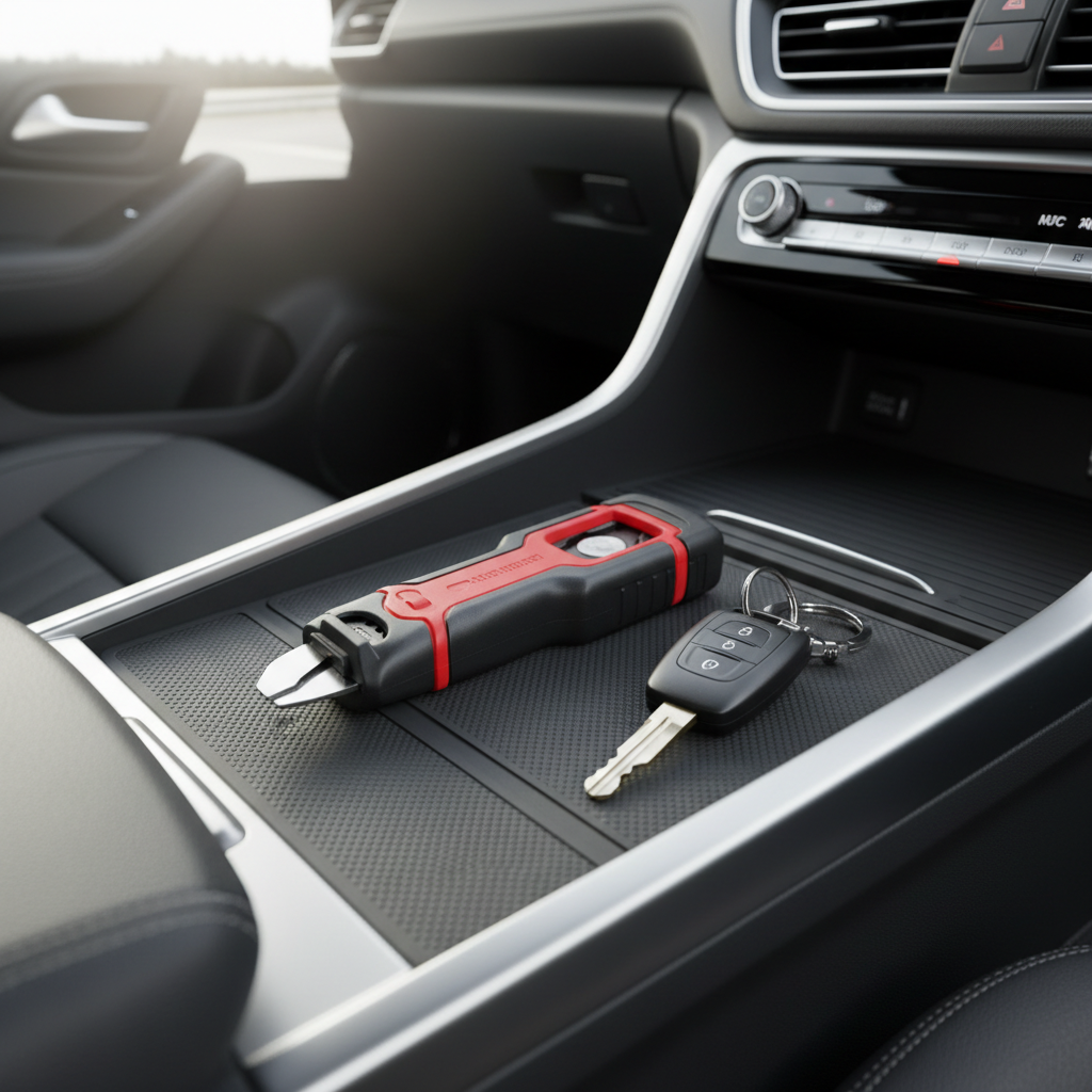 Emergency seat belt cutter and window breaker tool staged for quick access in vehicle