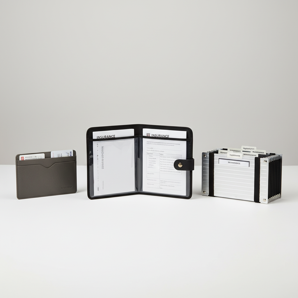 Different glove box document organizer styles: slim wallet, folder, and accordion layout