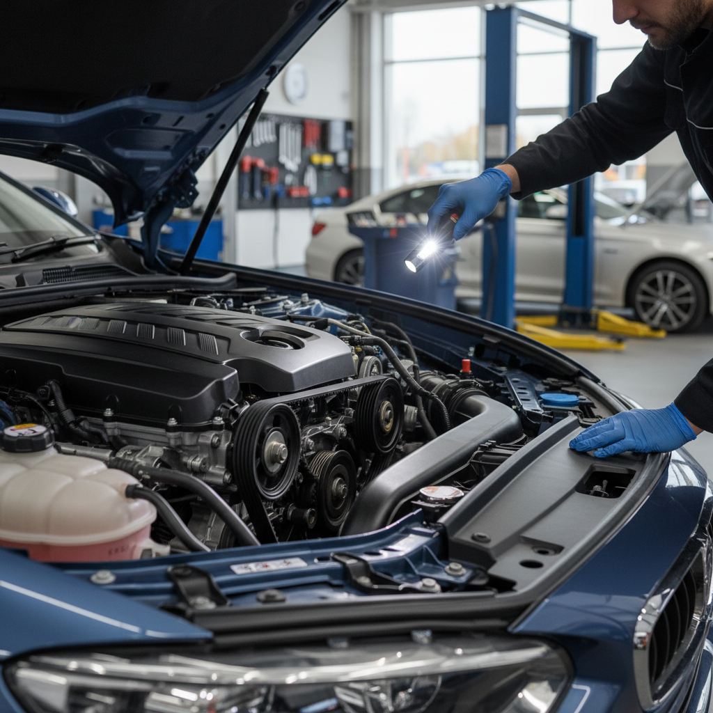 Technician inspecting timing belt area and accessory belt on a car engine
