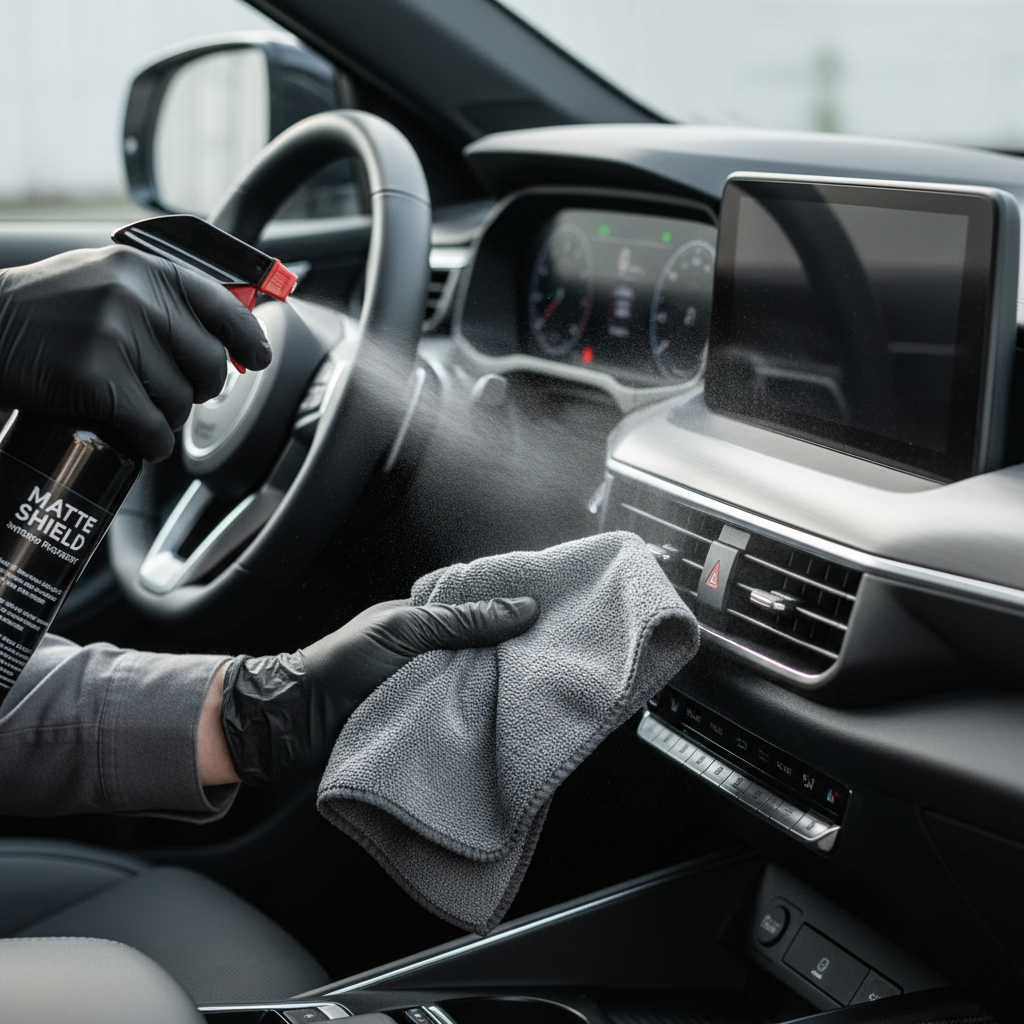 Matte interior protectant being applied to a microfiber cloth for dashboard protection