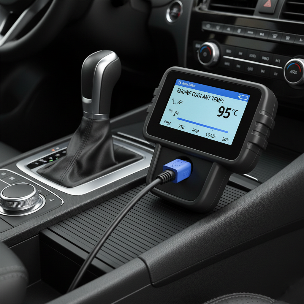 OBD2 scanner showing engine coolant temperature live data