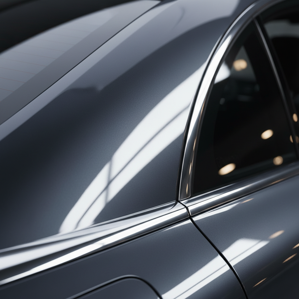 Chrome trim after polishing showing mirror reflection and glossy finish