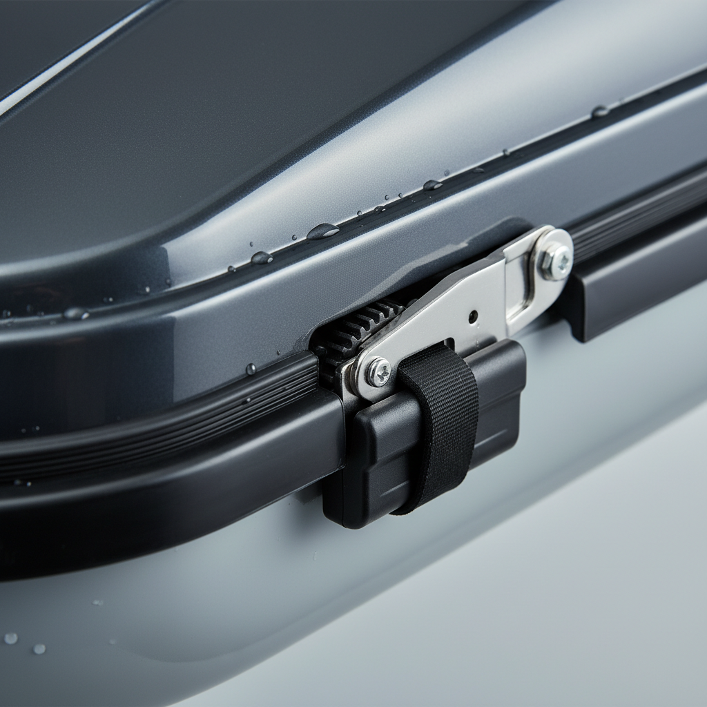 Close-up of roof box gasket seal and latch compression