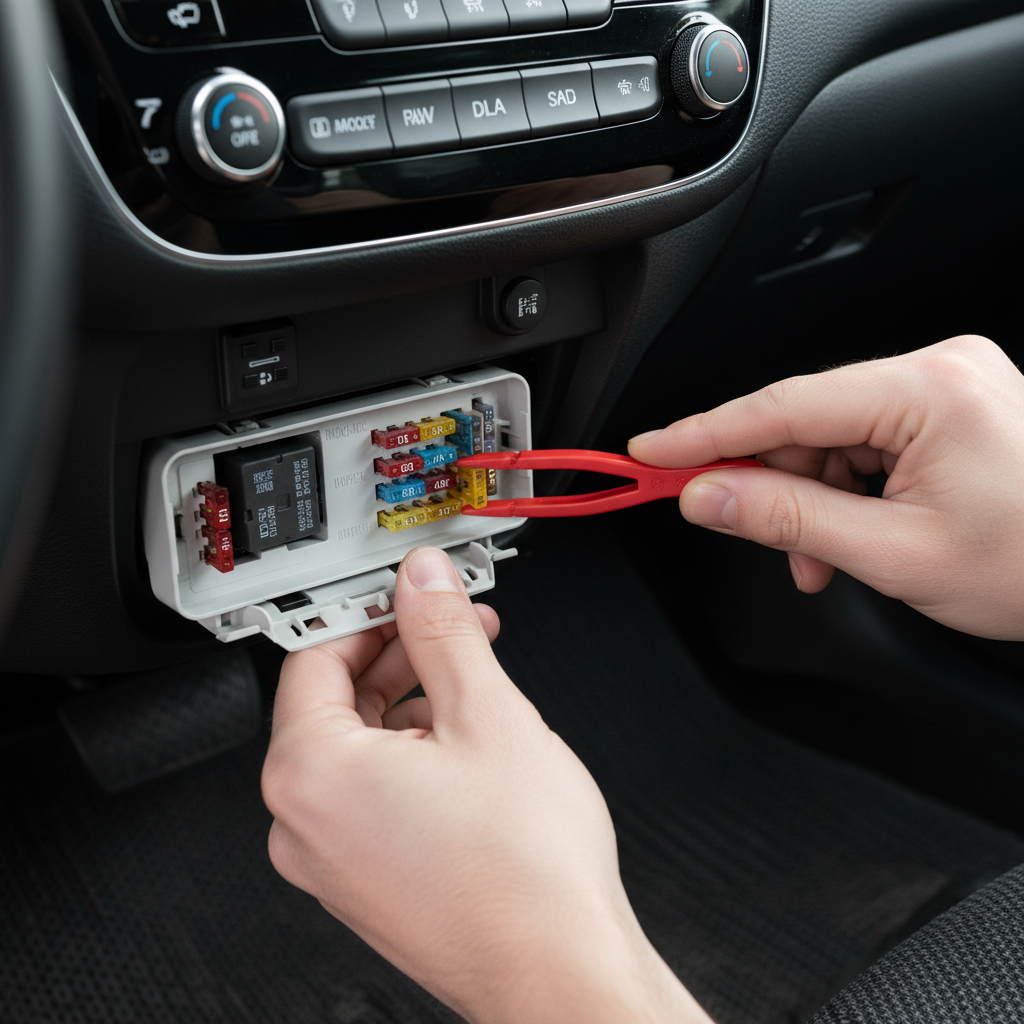 Checking car radio fuse in interior fuse box