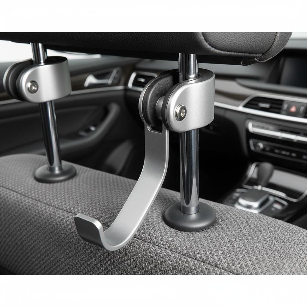 Close-up of a headrest post with a car clothing hanger installed securely