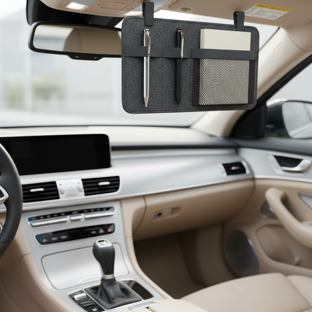 Car sun visor organizer holding pens and a small notebook in a clean driver cockpit