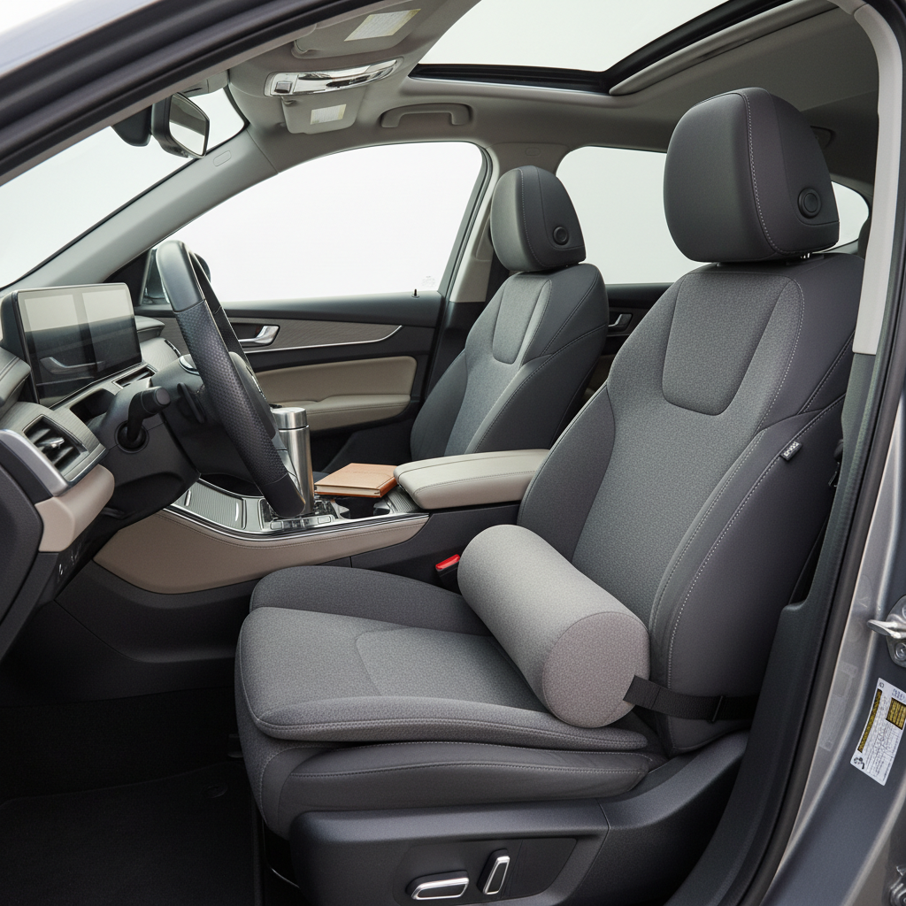 Car interior setup showing seat cushion and lumbar support positioned for pregnancy comfort