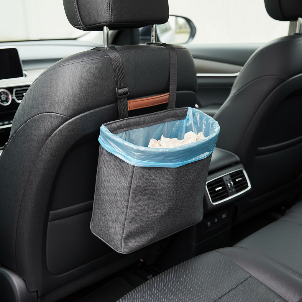 Step-by-step setup of a handled car trash bag with liner and secure mounting