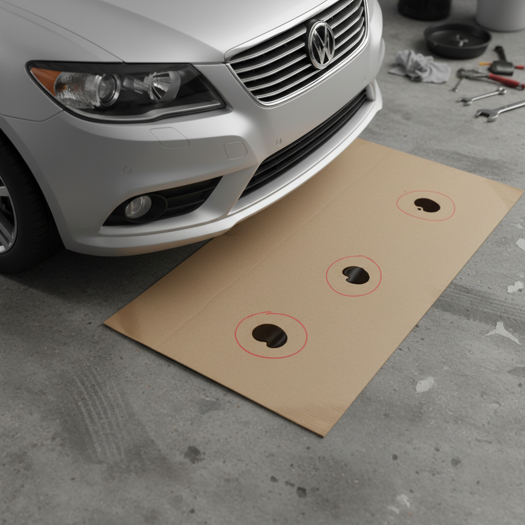 Cardboard under a car showing drip spots to trace a power steering fluid leak