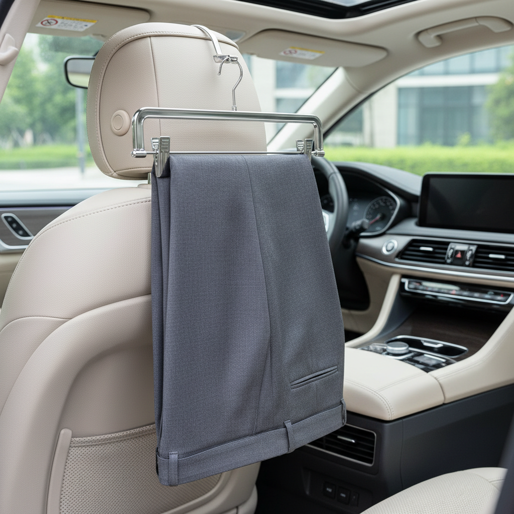Wrinkle-free trousers hanging neatly on a car headrest hanger
