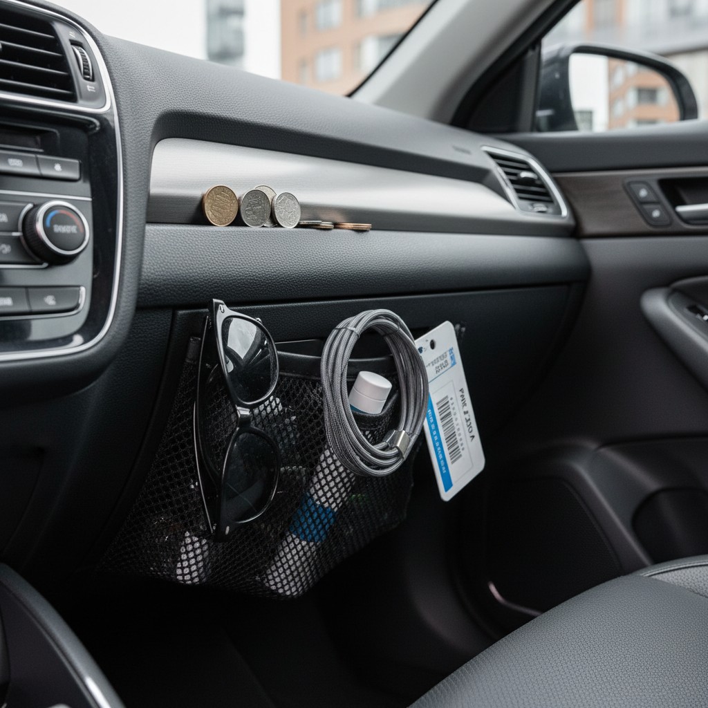 Car door pocket clutter with small items like sunglasses, coins, and charging cables