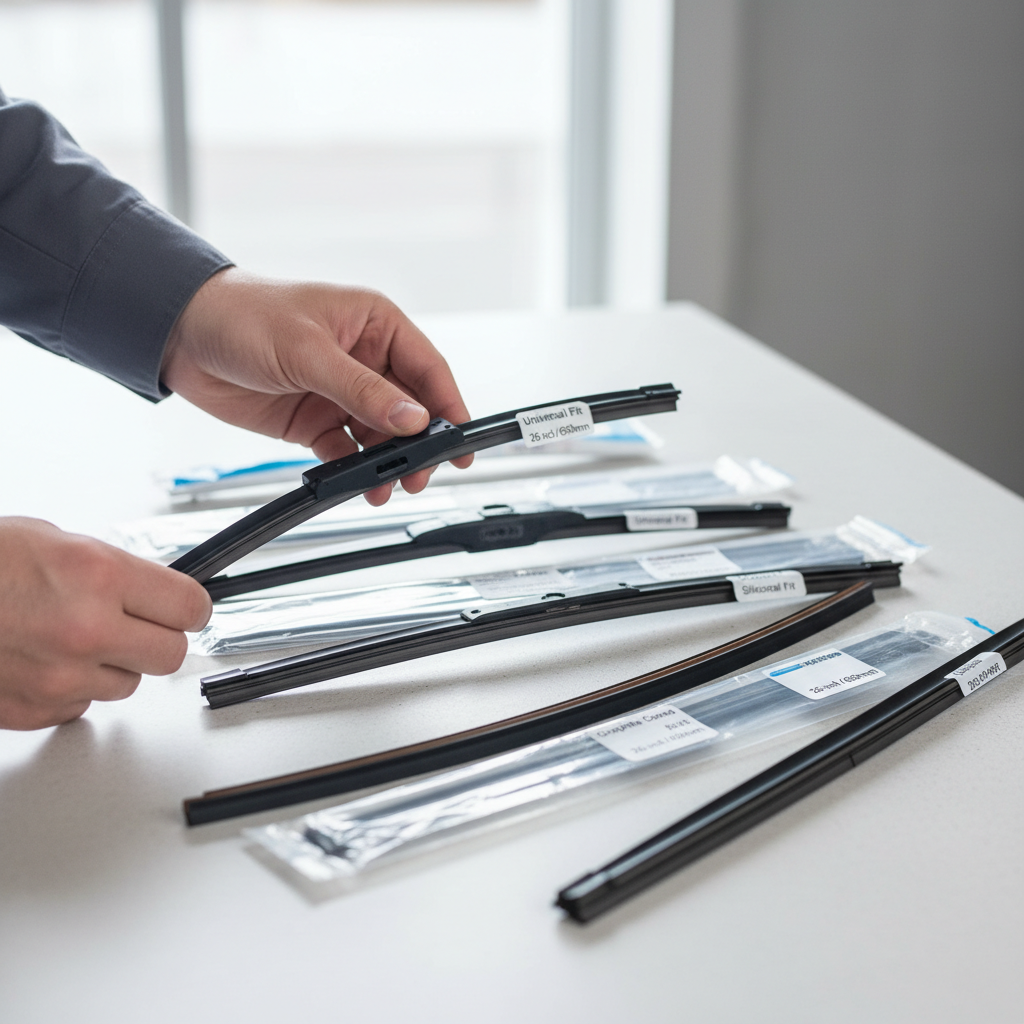 Hands comparing wiper blade rubber inserts and refills on a workbench