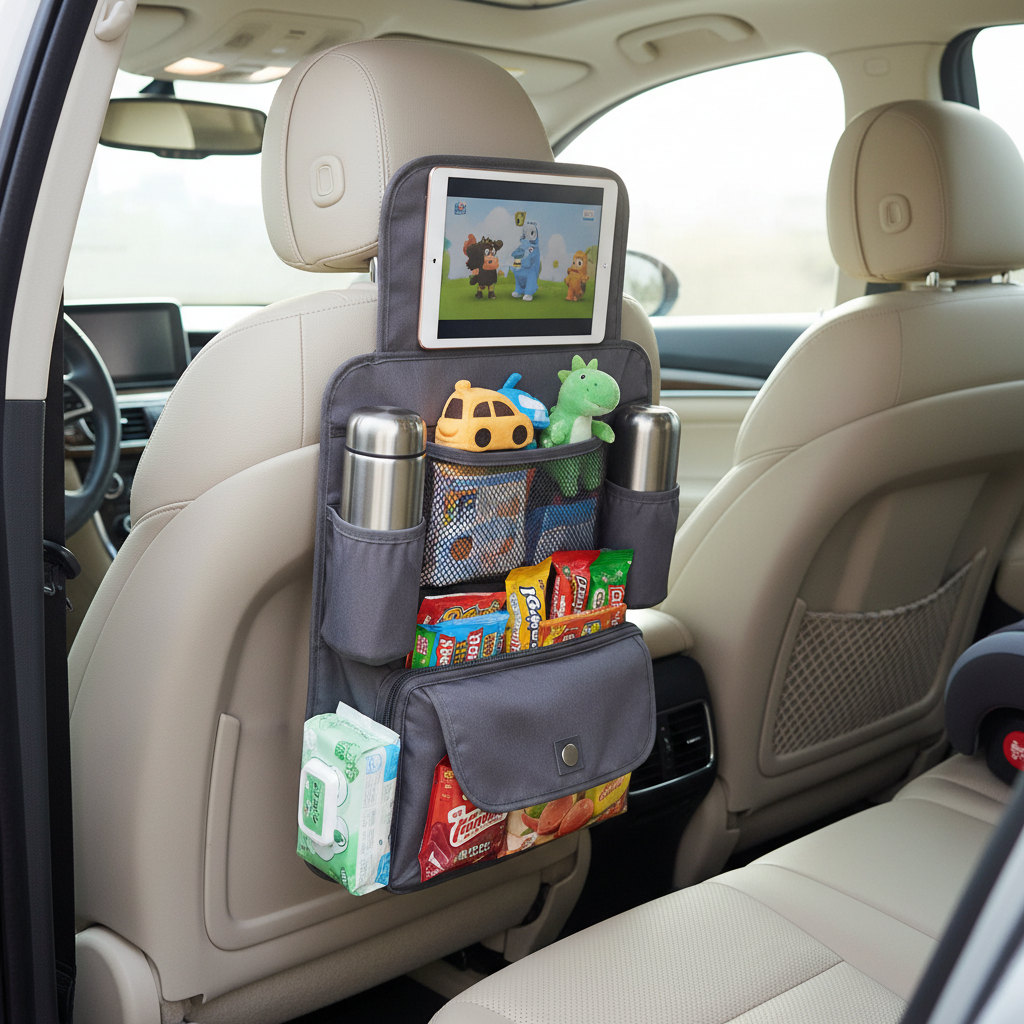 Rear seat organizer installed on a car seat back with kids toys and snacks neatly stored