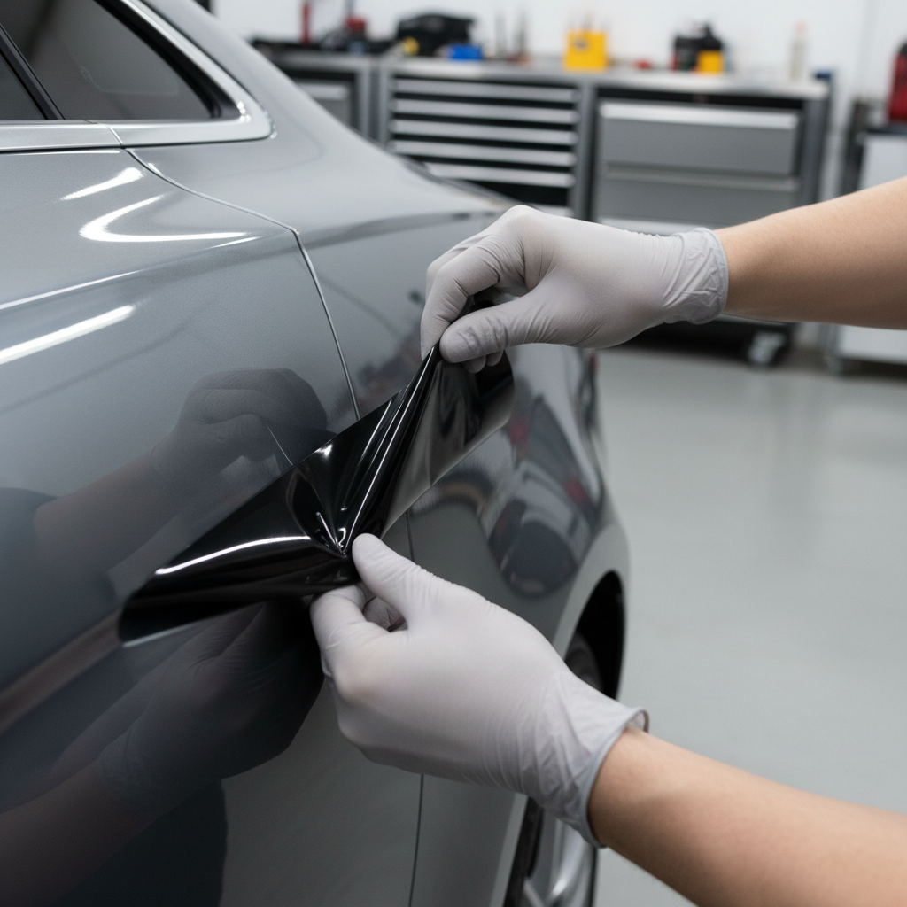 Peeling a car decal slowly at a low angle to protect paint