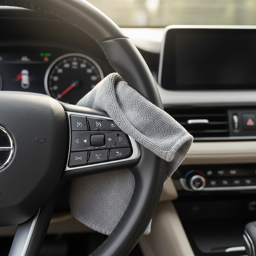 Car steering wheel buttons being dried with a clean microfiber towel