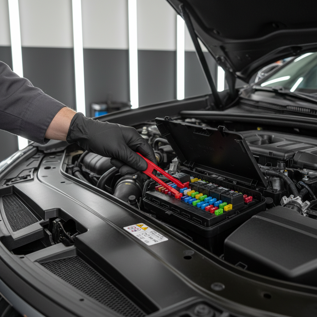 Technician checking AC compressor fuse and relay in fuse box