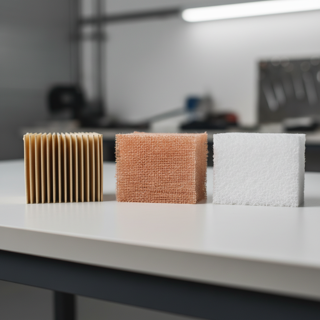 Close-up comparison of paper, oiled cotton, and dry synthetic air filter media