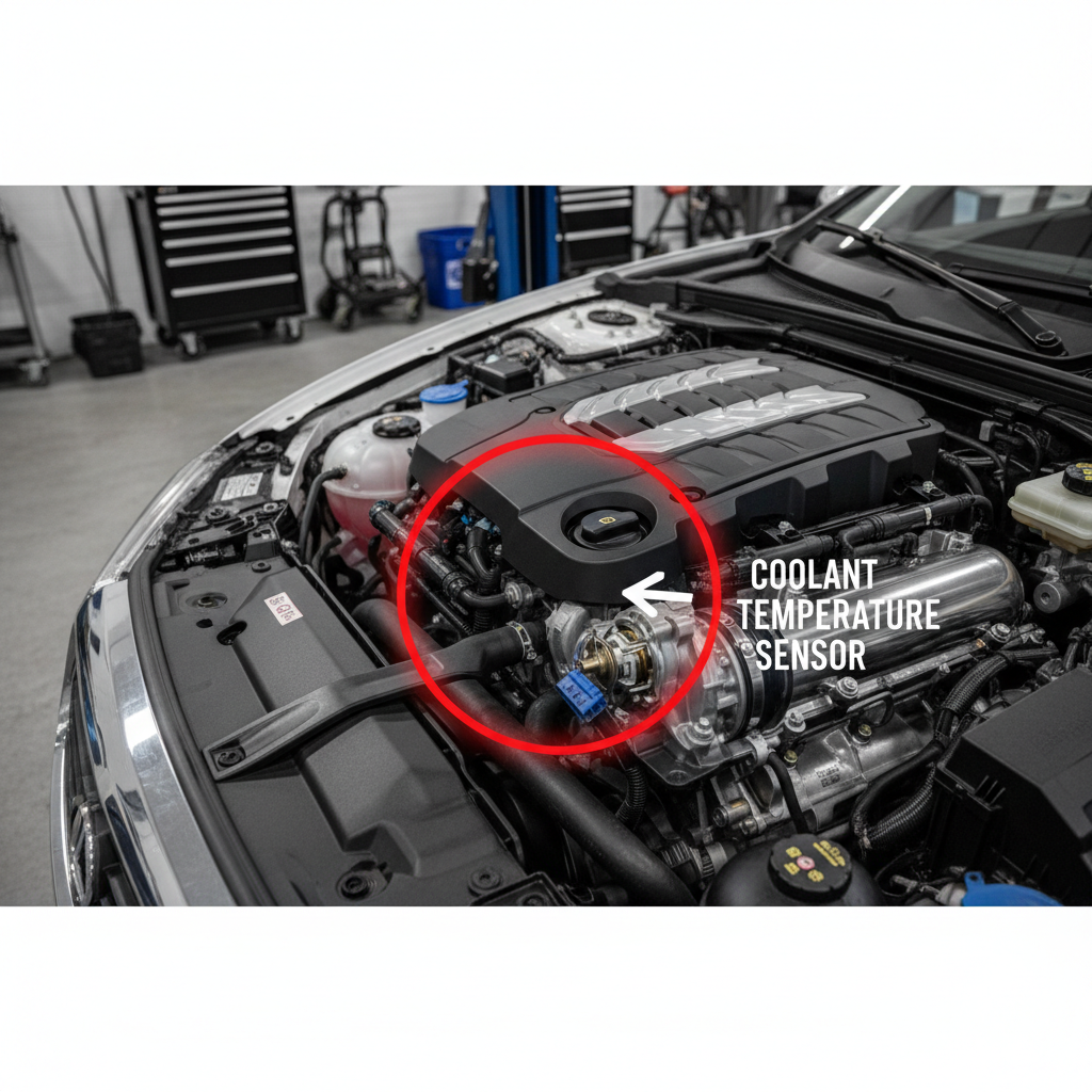 Coolant temperature sensor location on an engine near thermostat housing