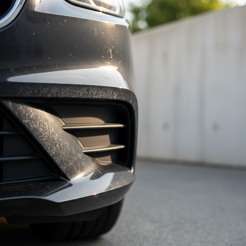 Faded black plastic trim on a car bumper before restoration