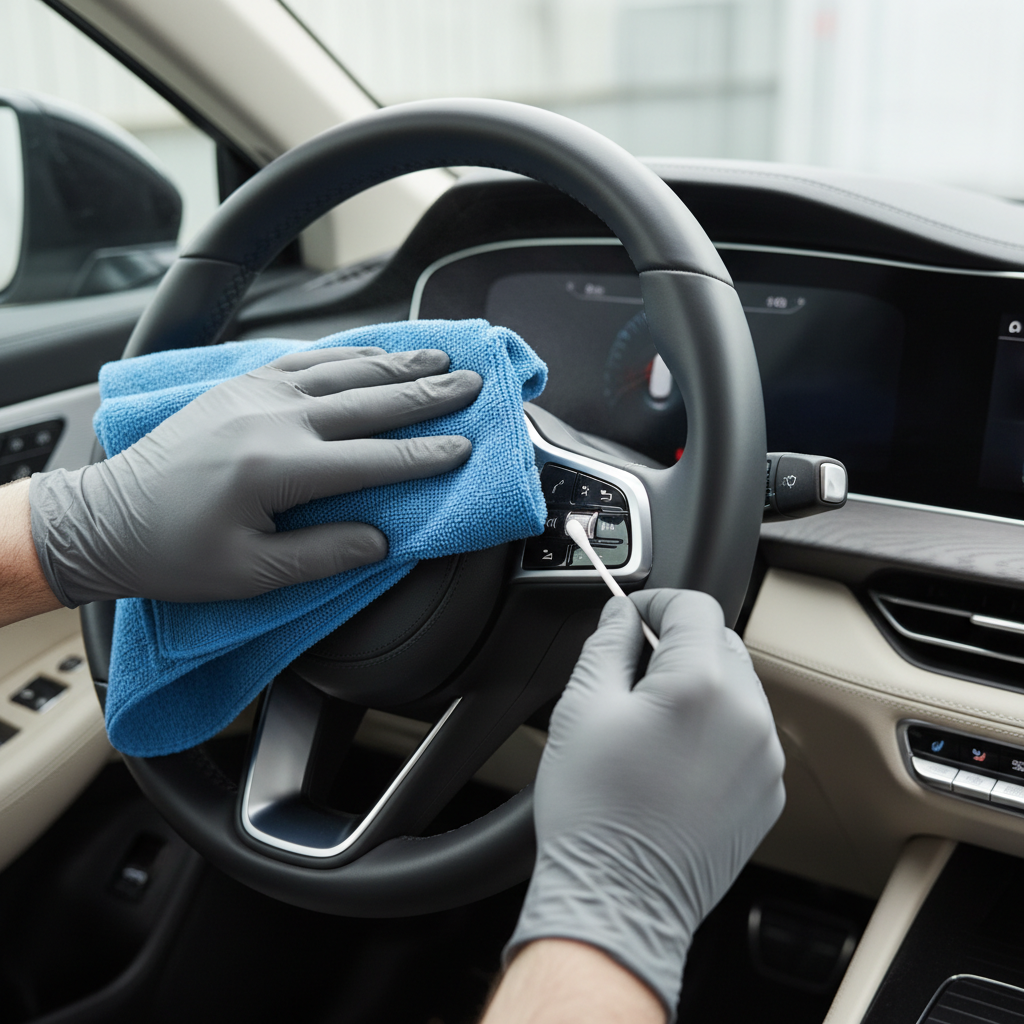 Microfiber towel and cotton swab cleaning steering wheel buttons