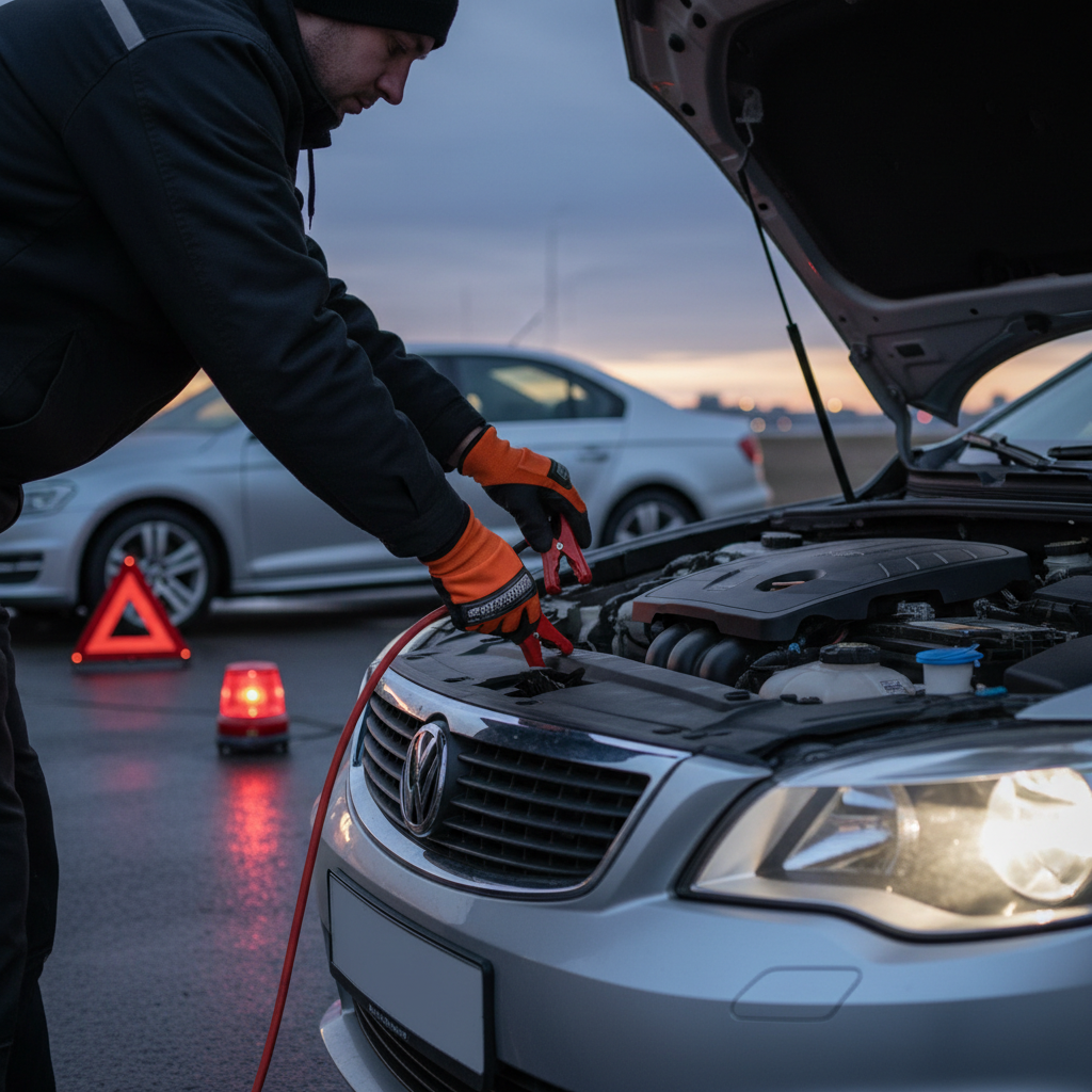 Person using jumper cables safely with gloves and safety lights