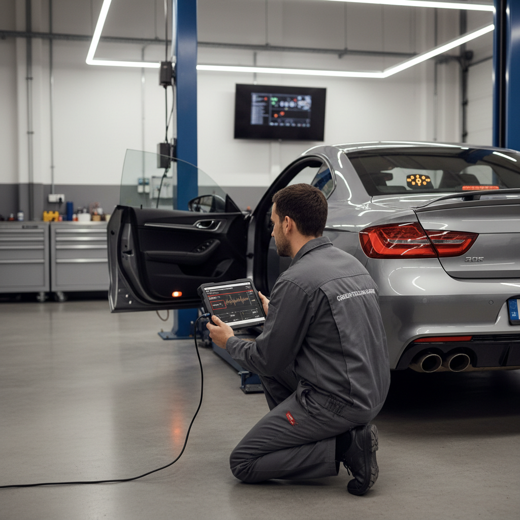 Mechanic scanning OBD2 codes for crankshaft position sensor issues