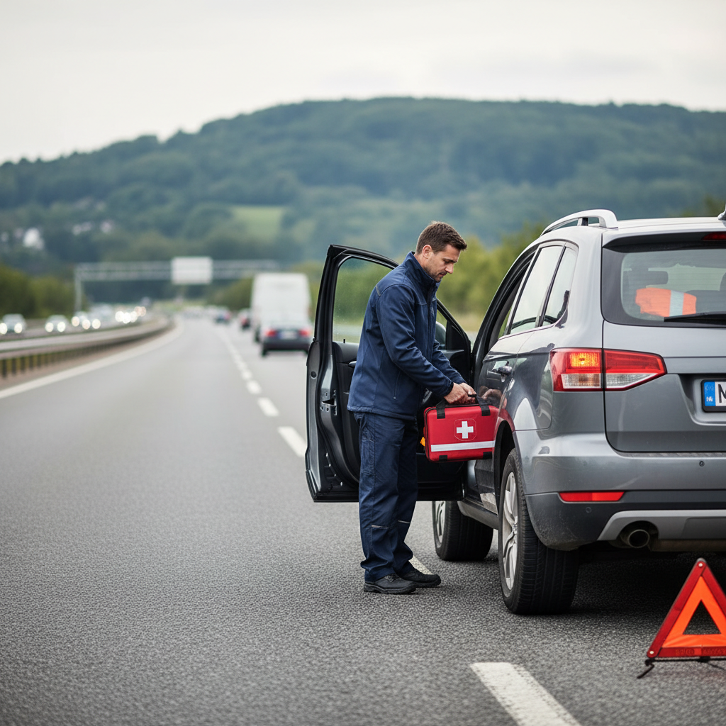 Driver safely using hazard lights while accessing a first aid kit inside a car during a roadside emergency