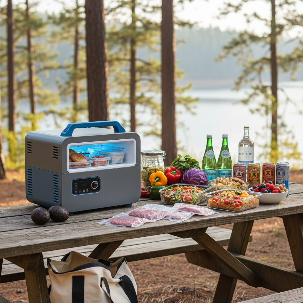 Road trip camping meal prep containers and drinks next to a portable fridge