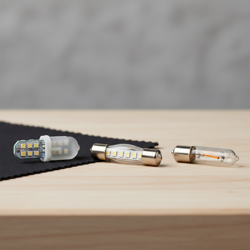 Close-up of LED trunk bulb types T10 and festoon next to factory bulb